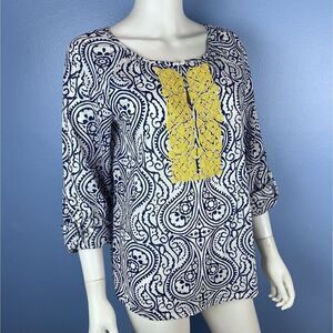 Talbots Small Blue White Print Beaded Long Sleeve Roll Tab Blouse Top